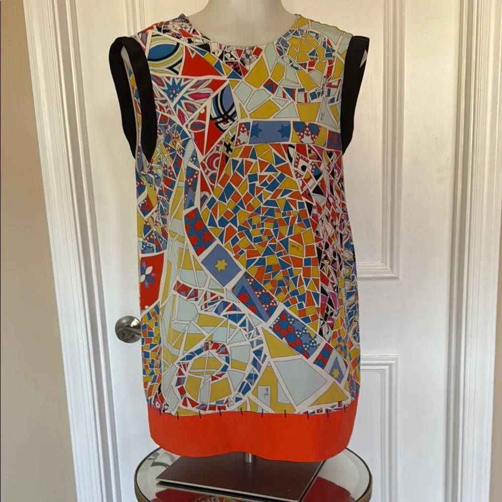 Emilio Pucci Multicolor Mosaic Print Sleeveless Top with Orange Trim - Picture 2 of 6